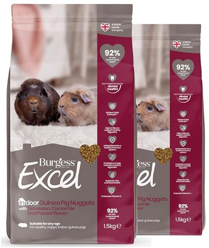 Burgess Excel Indoor Guinea Pig Food with Dandelion, Camomile & Passionflower, 3kg – Guinea Pig Nuggets for Indoor Guinea Pigs – High Fibre, Guinea Pig Pellets (Pack of 2)