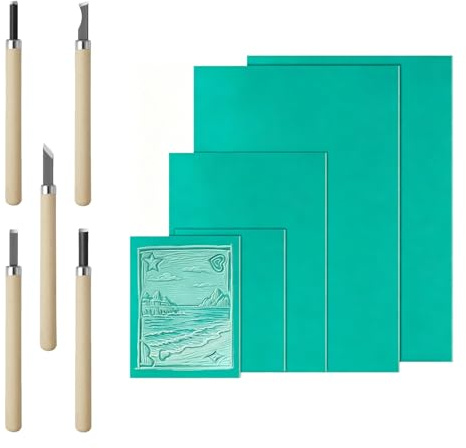 Planches de linoléum Kit de linogravure –Gomme pour tampon, linoléum pour gravure avec couteau à sculpter, 2A4+A5+2A6,blocs à graver en gomme,tendre,pour impressions, graphisme,loisirs créatifs et DIY