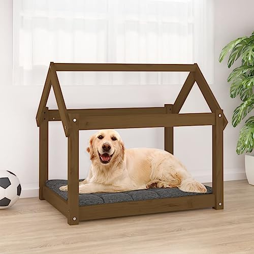 QUAHEAS Dog Bed Honey Brown Made of Solid Pine Wood 81 x 60 x 70 cm with Non-Slip Cushion and Washable Cover Cosy Basket for Pets, Joint-friendly Sleeping Place for Dogs