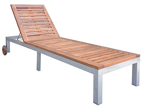 Fisinber Lettino da giardino in legno massiccio di acacia, con ruote, schienale regolabile, con struttura in metallo, per giardino, terrazza e balcone, 207 x 70 cm, marrone