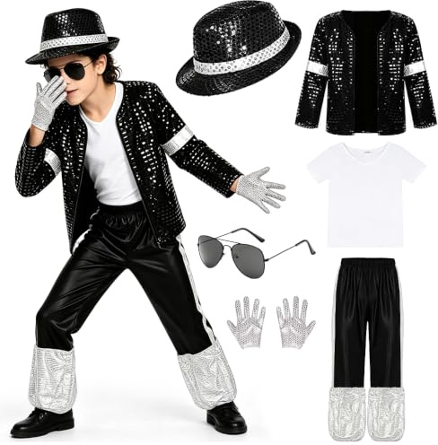 7 st pop star halloween kostym popstjärna kostym tillbehör | Pop King kostym med paljettjacka, t-shirt, randiga byxor, hatt, handskar solglasögon för halloween