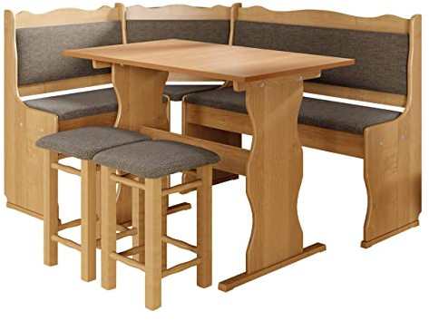 Eckbankgruppe Miki, Erlenholz, Eckbank Gruppe besteht aus Kücheneckbank, 2X Hocker, Tisch, Farbauswahl, Esszimmer Sitzbank (Erle, Peru 04)