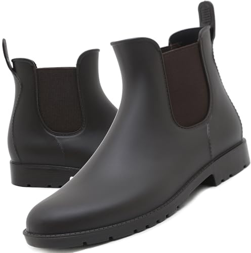Acfoda Kurze Damen Gummistiefel Herren Regenstiefel Wasserdicht Lack Regen Schuhe Ankle Chelsea Boots Gummi Stiefel mit Blockabsatz Braun Gr.37
