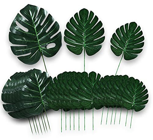 Artifical Palm Leaves with Stem, 24 Pieces 3 Sizes, Fake Safari Leaves, Faux Tropical Jungle Monstera Leaf for Room Decor Hawaiian Luau Jungle Green Party Decorations