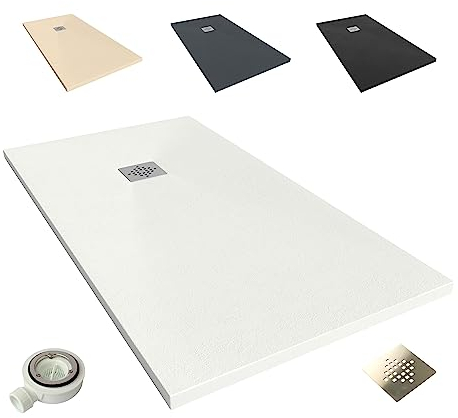 NEBADOON | Plato de Ducha de Modelo Roma II – Plato Ducha Resina con Textura Pizarra - Antideslizante y Antibacteriano – Blanco (RAL 9003) 70x110 cm – Incluye Válvula Desagüe y Rejilla