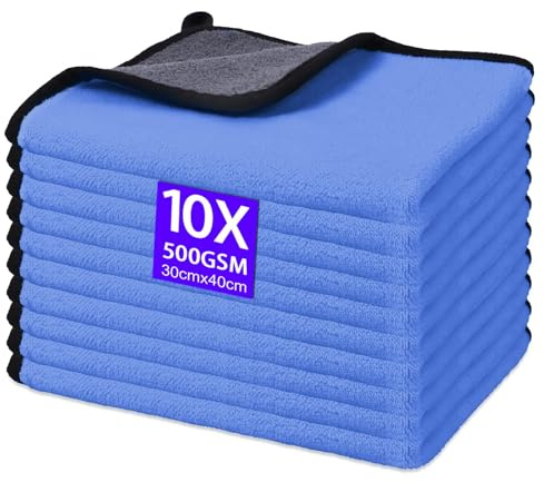 Gucass 10 PCS Chiffon Microfibre Voiture, 500 GSM Chiffons de Polissage en Microfibre, Super Absorbant Chiffon de Nettoyage en Microfibres, pour Voitures et Motos, Nettoyage Domestique, 30x40CM, Bleu