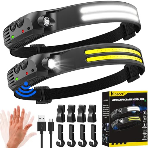 Lampada frontale ricaricabile, confezione da 2 pezzi, fascio largo 230°, 2000 lumen, super luminosa, con sensore di movimento, impermeabile, 0,1 kg, leggera, per fronte, escursionismo, corsa,