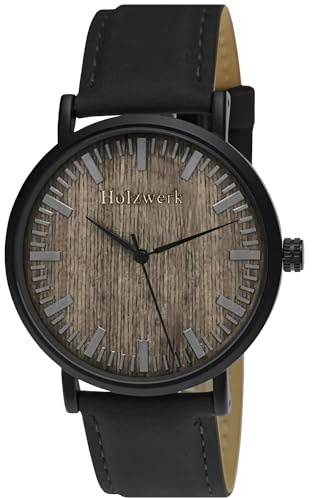 Holzwerk Germany Handgefertigte Flache Designer Unisex Herren Uhr Damen Öko Natur Holz Armband Analog Klassisch Quarz Holzuhr Braun Schwarz Leder-Armband (Slim.Schwarz)