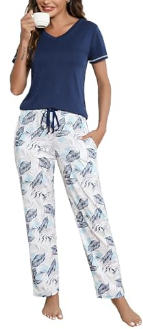 Litherday Pijama Mujer Algodón Invierno Manga Corta Conjunto de Pijamas de Mujer Ropa de Dormir Largo Pantalones con Cuadros S-XXL