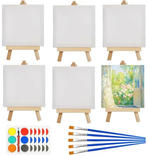 GOTRUST 6pcs Mini Canvas and Easel Set, Small Easel Stand with Painting Boards, Adjustable Wooden Tabletop Display Easels with 6pcs Paint Brushes for Oil Painting, Drawing, Artist