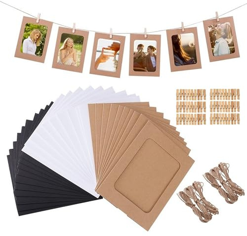 Cardboard Picture Frames 60 Pcs – Kraft Paper Frames with 60 Wood Clips & 60 Hanging Ropes, Complete Kit for Wall Photo Display Home School Office & Party Decoration