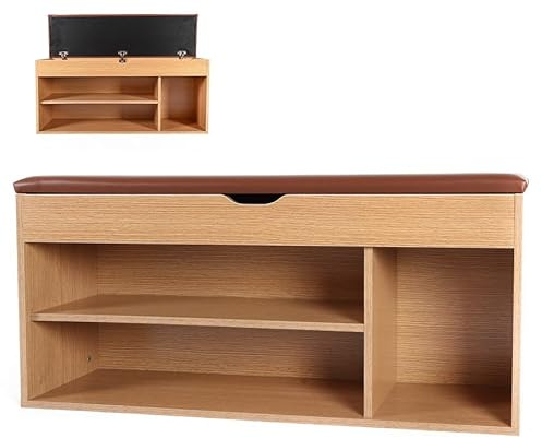 Relax World Zapatero, banco de entrada, baúl con asiento, contenedor con cojín de piel sintética acolchada, 3 compartimentos, salón, pasillo, dormitorio, 104 x 30 x 49 cm (madera natural)