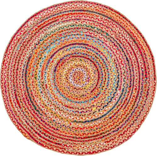 SILAK Handgewebter runder Jute-Teppich aus Baumwolle, 60 cm, natürlich, mehrfarbig, geflochtener Chindi-Teppich, weich und wendbar, rustikaler Teppich für Wohnzimmer, Küche, Schlafzimmer (60 cm rund)