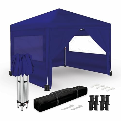 Wasabi - Gazebo Esterno Resistente 3x3m – 4 Pareti Laterali – 4 Sacchi di Sabbia, Picchetti e Corde di Fissaggio – Sacco di Trasporto - Pergola in Nylon (Blu)