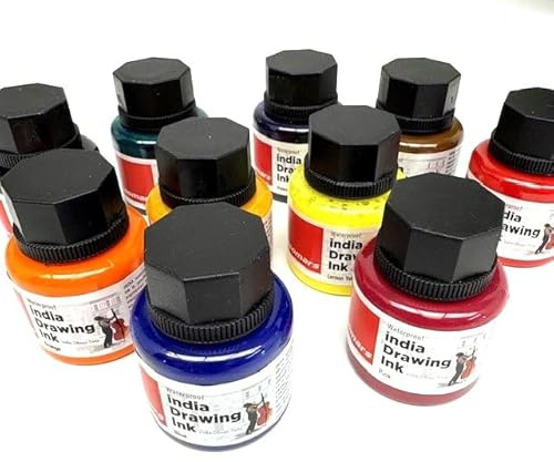 India Ink Waterproof Drawing Ink Set of 10 Colours 35ml Bottles