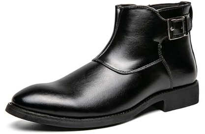 ENWIND Botas de Tobillo de Punta Redonda de Chelsea para Hombres con Hebilla y Cremallera Negocio Botines de Vestir,Negro,44 EU