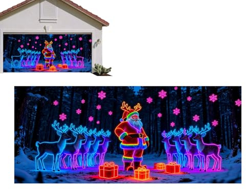 dzqad Copertura per porta del garage di Natale, tela 2D, piastra fluorescente attivata da UV, decorazione banner, porta garage, Natale, per esterni, feste, portico da parete, cancello giardino
