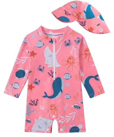 JiAmy Traje de baño para niños pequeños niñas bebé ropa UV niños protección traje de baño de una pieza traje de baño ropa de protección con sombrero para el sol, Rosal, 12-18 meses