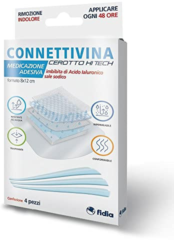 Connettivina cerotto Hi Tech Fidia farmaceutici | Formato 8x12 cm | Per escoriazioni, piccoli tagli e scottature | Imbevuto con Acido ialuronico sale sodico