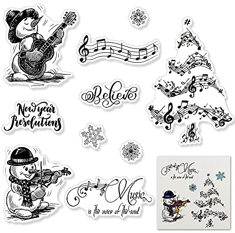 Christmas Snowman Clear Stamps for Card Making, Snowflake Music Note Tree Happy New Year Sentiments Words Clear Rubber Stamps for DIY Christmas Card Making Décor Scrapbooking Album Supplie