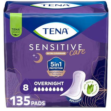 TENA Sensitive Care Incontinence Pads, Bladder Control, Postpartum for Women, Overnight Absorbency, Extra Coverage, 135 Count