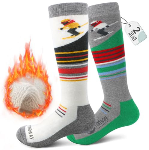 Findway 2 Paar Merinowolle Skisocken Kinder, Winter Snowboarding Atmungsaktive Thermosocken mit Über die Wade Design/Anti-Rutsch-Bündchen für Mädchen/Jungen für Outdoor-Sportarten