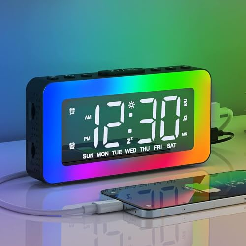 AFEXOA Kids Alarm Clock with RGB Night Lights - Loud Dual Alarm for Heavy Sleepers, Non Ticking Digital Clock, Large LED Display, Bedside Timer & Snooze, Bedroom Decor Gift