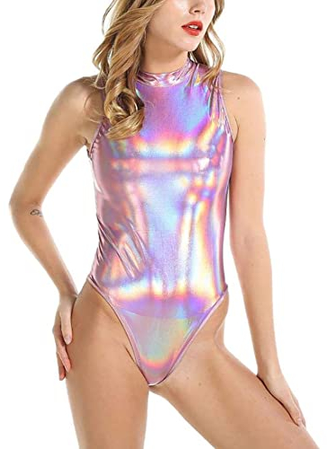 ROSVAJFY Body Wetlook Damen Sexy Metallic Bodysuit Clubwear Frauen Ärmellos Leder Body mit Rollkragen Glänzend Lackleder Dessous High Cut Catsuit Top Reißverschluss Hinten Rosa