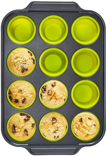 BRONYPRO Silicone Muffin Pans for Baking with Metal Frame, Egg Bite Maker Silicone Molds, Cupcake Pans 12 Regular Size, Muffin Tins Easy to Pop Nonstick Non Toxic Bakeware for Oven, Lime Green