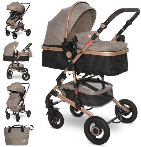Lorelli Kinderwagen Alba 2 in 1 mit Federung, Umwandelbar in Sportsitz, Baby Kombikinderwagen bis 15kg, Zusammenklappbar, Große Gummireifen, Großer Einkaufskorb, Organizer Tasche, Beige