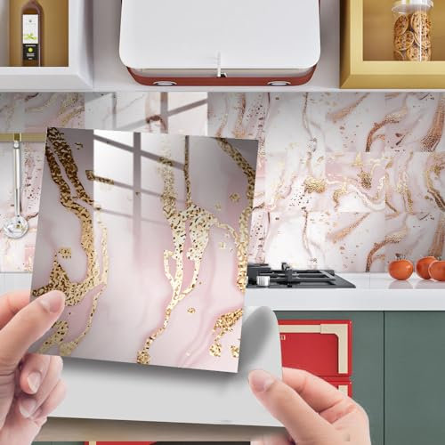 Gold Pink Marble Self Adhesive Stickers - Waterproof Stick On Tiles - Home Decor - 20x20cm (10 Pcs)