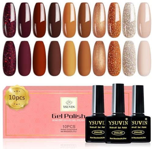YSUVIN Semipermanente Unghie, 10 Colori Autunno Glitter Smalto Semipermante Unghie, Acero Zucca Rosso Scuro Champagne Inverno Smalto Gel Soak Off UV/LED Nail Art Gel Unghie Set, 8ml