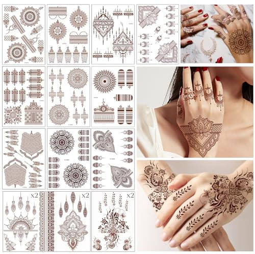 SNAIL GARDEN 16 Feuilles de Tatouage Temporaire Rouge Marron,Faux Tatouage Longue Durée en Forme de Fleur de Mandala,Tatouages en Dentelle Pour Les Mains,Les Doigts,Les Bras,Le Dos,La Nuque,Tatouages