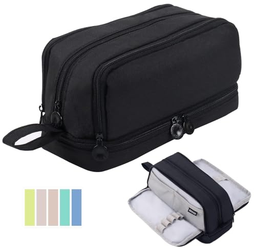 Large Capacity Pencil Case, Pencil Pouch with Sticky Note and 4 Compartments Multifunctional Stationery Organizer for Girls Boys, Office Makeup Bag Portable Pen Bag for Students Women Men (Black)