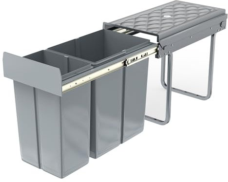 NAIZY Système de tri sélectif extensible - Poubelle de cuisine à 2 compartiments - Meuble bas avec rails télescopiques et couvercle - Poubelle pour l'élimination des déchets (1 x 20 l + 1 x 10 l)