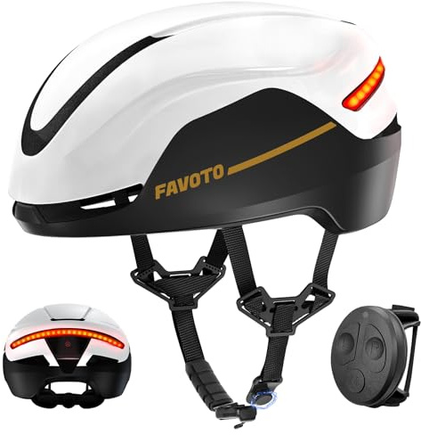 Favoto Casco Bici Intelligente con Luce - Casco Ebike Certificato CE Doppio Guscio per Uomo Donna con Indicatori di Direzione per Ciclismo su Strada e Spostamenti in Città Regolabile Bianco Nero