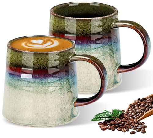 Tazas De Cerámica: Set De 2 Grandes Tazas De Café, Adecuadas Para Microondas Y Lavavajillas, Ideales Para Oficina Y Hogar (Verde, 450ml)