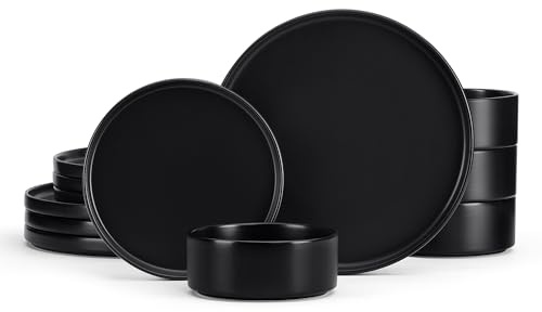 E-far Stoneware Dinnerware Sets, 12-Piece Plates and Bowls Dish Set For 4, Kitchen Modern Speckled Dinning Ware, Chip and Scratch Resistant, Microwave & Dishwasher Safe, Matte Black