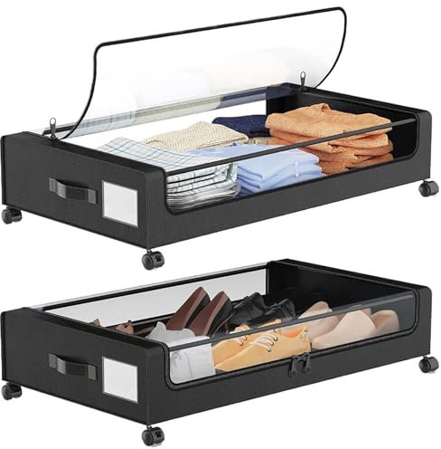 Contenitore sottoletto con Ruote, 2 Confezioni di contenitori Metallici sottoletto, Finestra in PVC, cassetti per Divano per Vestiti, Scarpe, Coperte,Nero