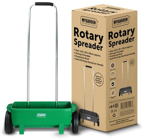 My Garden Lawn Spreader 12 Litre Rotary Seed Grit Salt Spreader with Protective Roof & 110CM Long Handle Grass Spreaders on Wheels Adjustable Speed Rate On/Off Ideal for Garden Outdoor Pathways