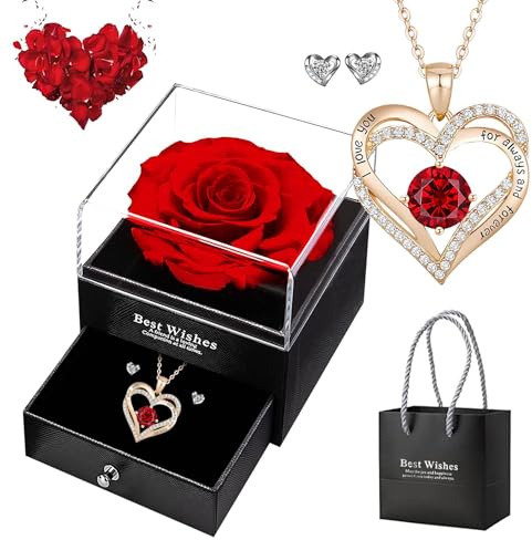 Ruiaqer Evig ros presentförpackning för kvinnor, evig ros med 925 silver, halsband, örhängen, smycken, födelsedagspresent, dam, evig gåva, par, mamma, alla hjärtans dag, mors dag