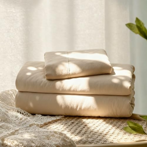 Col & Cor Juego de Sábanas 100% Algodón 144 Hilos, Liso, Bajera Ajustable (30 cm), Encimera + Funda de Almohada, 3 Piezas, Ropa de Cama | Cama 150 x 190/200 | Beige