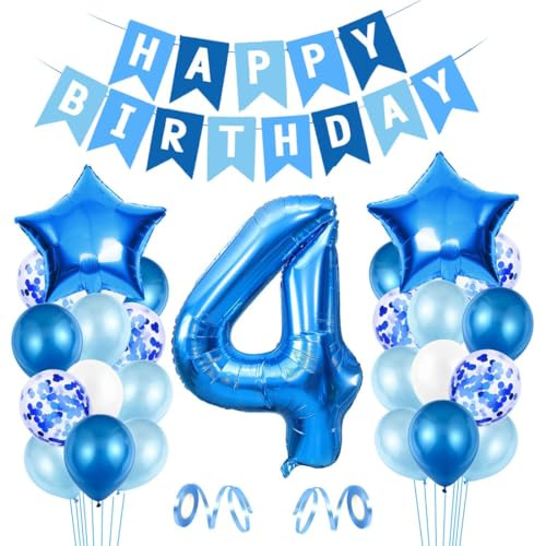 Ballong 4. Födelsedag, blå, födelsedagsdekoration pojkar 4 år, ballong 4 dekoration för födelsedag, blå, Happy Birthday-banner, jättefolieballong för barn, födelsedag