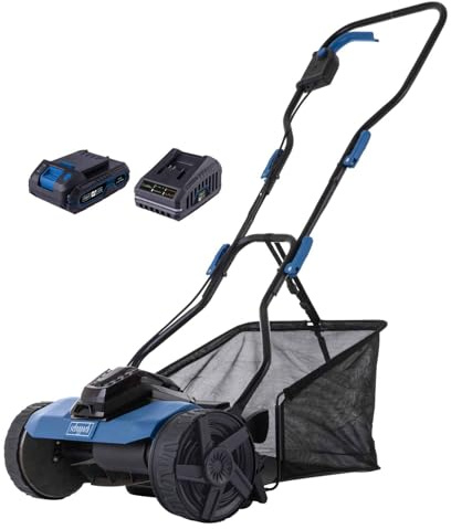 Scheppach Cortacésped manual C-SPM380-X con batería de 38 cm de ancho de corte, superficies de césped de 200 m², cesta de 45 l, altura regulable 14-38 mm, serie IXES de 20 V, con batería de 2 Ah y