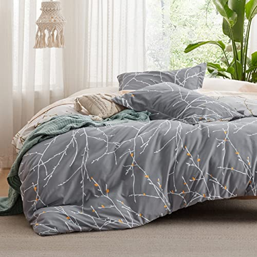 Bedsure Tree Branch Duvet Cover King - Botanical Duvet Cover Set with Zipper Closure, Grey Bedding Set, 3 Pieces, 1 Reversible Duvet Cover 104x90 with 8 Corner Ties and 2 Pillow Shams 20x36