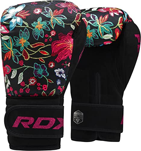 RDX Boxhandschuhe Damen für Training und Muay Thai | Handschuhe aus Flora-Leder für Kickboxen, Sparring, Boxsäcke, Kampfhandschuhe, Wettbewerb, Schwarz, 300 g