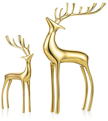 Sziqiqi Reindeer Animal Sculptures Figurine Statues Set of 2, Metal Deer Ornaments for Home Decor Accents Living Room Bedroom Office Bookself Tabletop Mantle Christmas Decoration, Gold