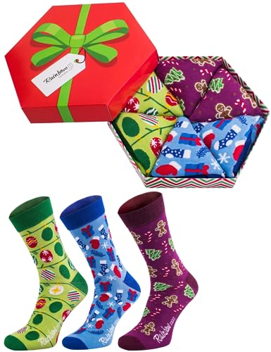 Rainbow Socks - Damen Herren Weihnachten Socken Box für Geschenk - 3 Paar - Lebkuchenmännchen Zuckerstangen Geschenkesocken - Größen 36-40