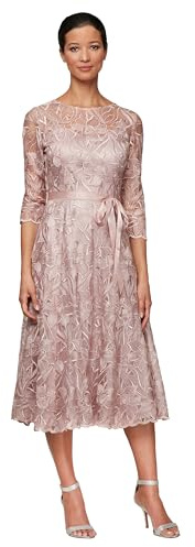 Alex Evenings womens Tea Length Embroidered Illusion Sleeves - Closeout Special Occasion Dress, Rose, 16 Petite US