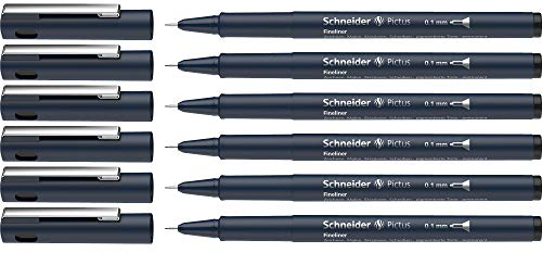 Schneider Pictus Fineliner (Strichstärke 0,1 mm, dokumentenechte Pigmentliner, metallgefasste Spitze, Gehäuse aus 85% recyceltem Kunststoff) 6er Pack, schwarz